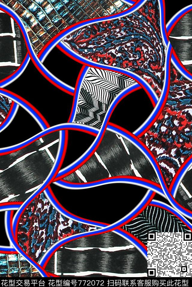 洋阳---抽象线条拼贴动物纹数码印花华亿平台下载（图片编号: 772072） - 瓦栏（Walan）