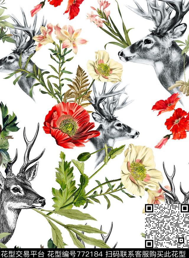 鹿动物罂粟花数码印花华亿平台下载（图片编号: 772184） - 瓦栏（Walan）