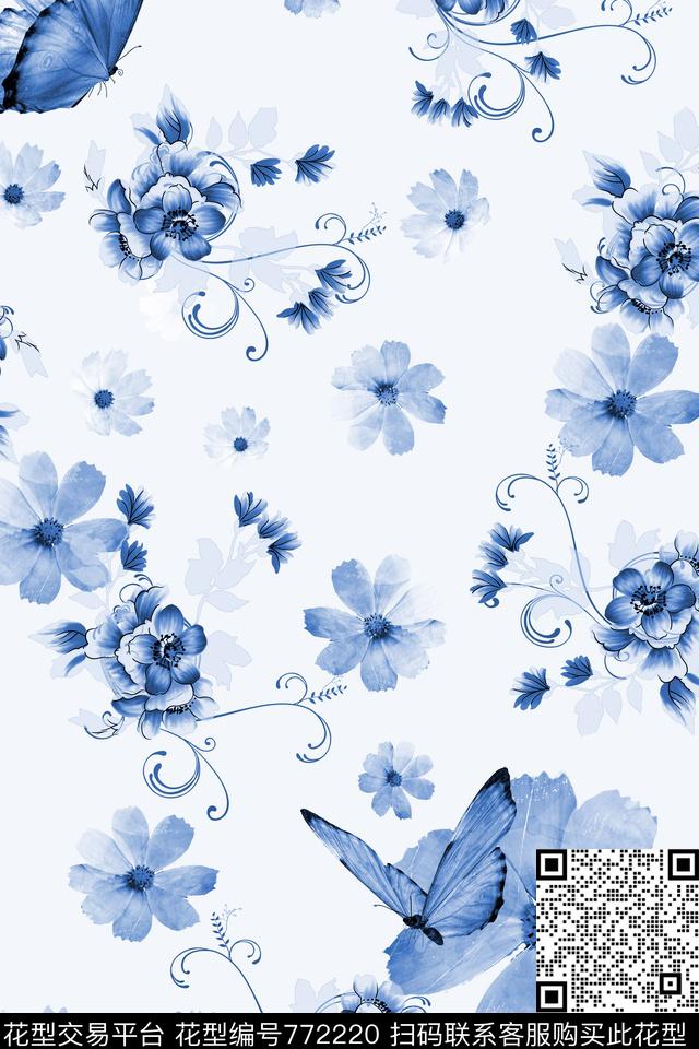 小碎花花卉蝴蝶数码印花华亿平台下载（图片编号: 772220） - 瓦栏（Walan）