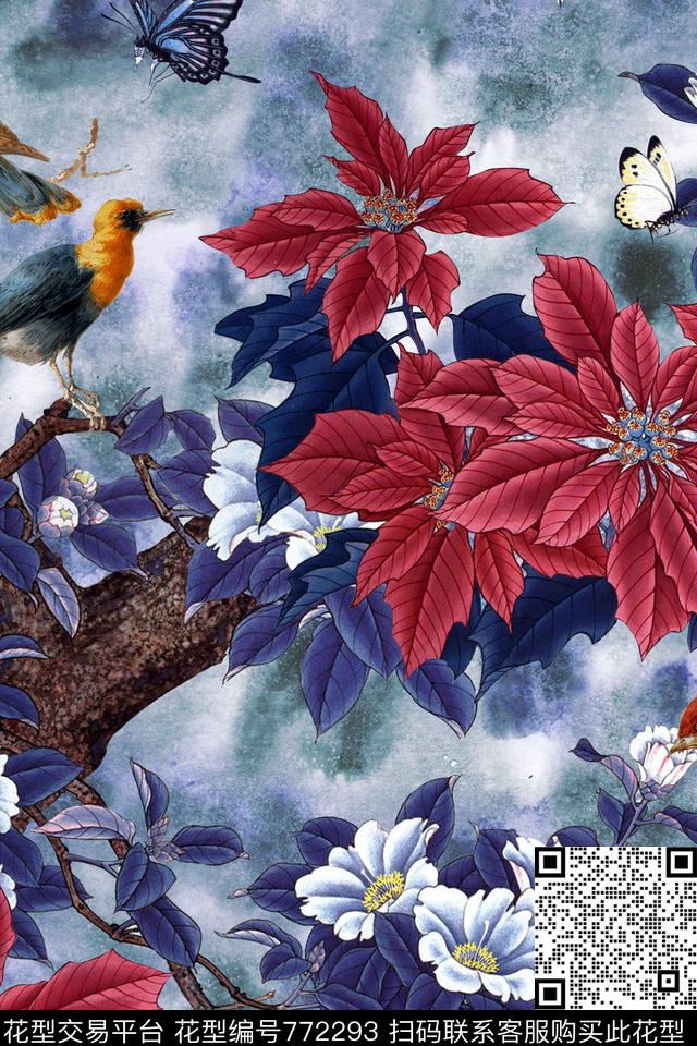 花卉工笔画中国风数码印花华亿平台下载（图片编号: 772293） - 瓦栏（Walan）
