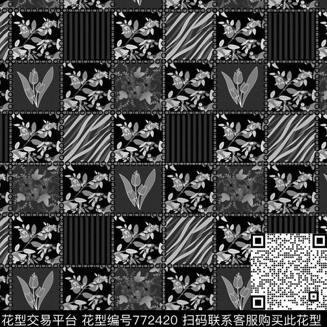 格子斑马纹花卉传统印花华亿平台下载（图片编号: 772420） - 瓦栏（Walan）
