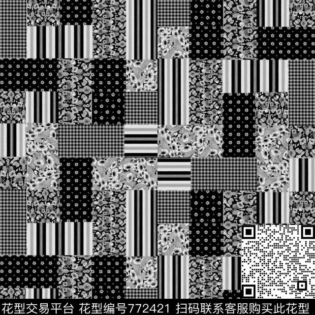 花卉条纹黑白花传统印花华亿平台下载（图片编号: 772421） - 瓦栏（Walan）