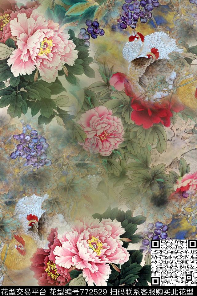 中国风牡丹鸡数码印花华亿平台下载（图片编号: 772529） - 瓦栏（Walan）