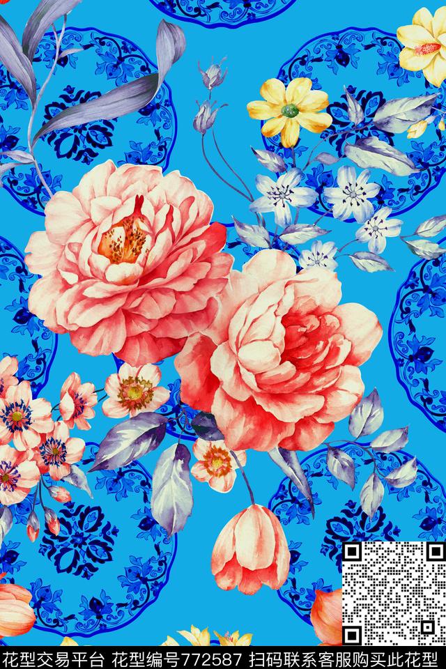 青花底纹手绘复古花复古风数码印花华亿平台下载（图片编号: 772587） - 瓦栏（Walan）