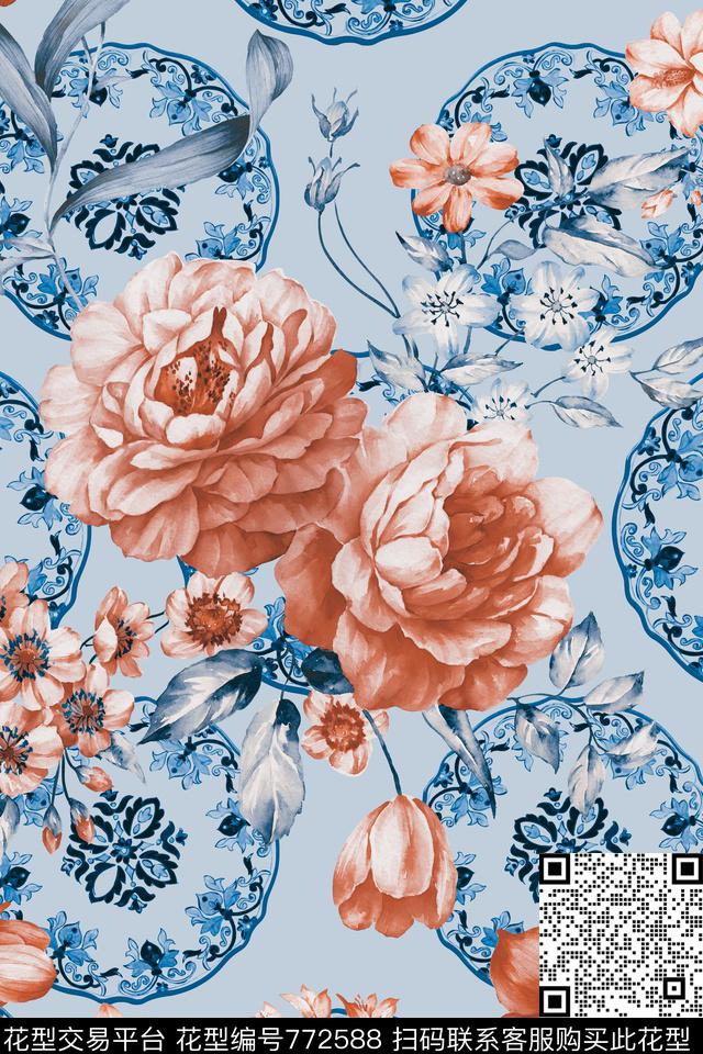 青花底纹手绘复古花复古风数码印花华亿平台下载（图片编号: 772588） - 瓦栏（Walan）