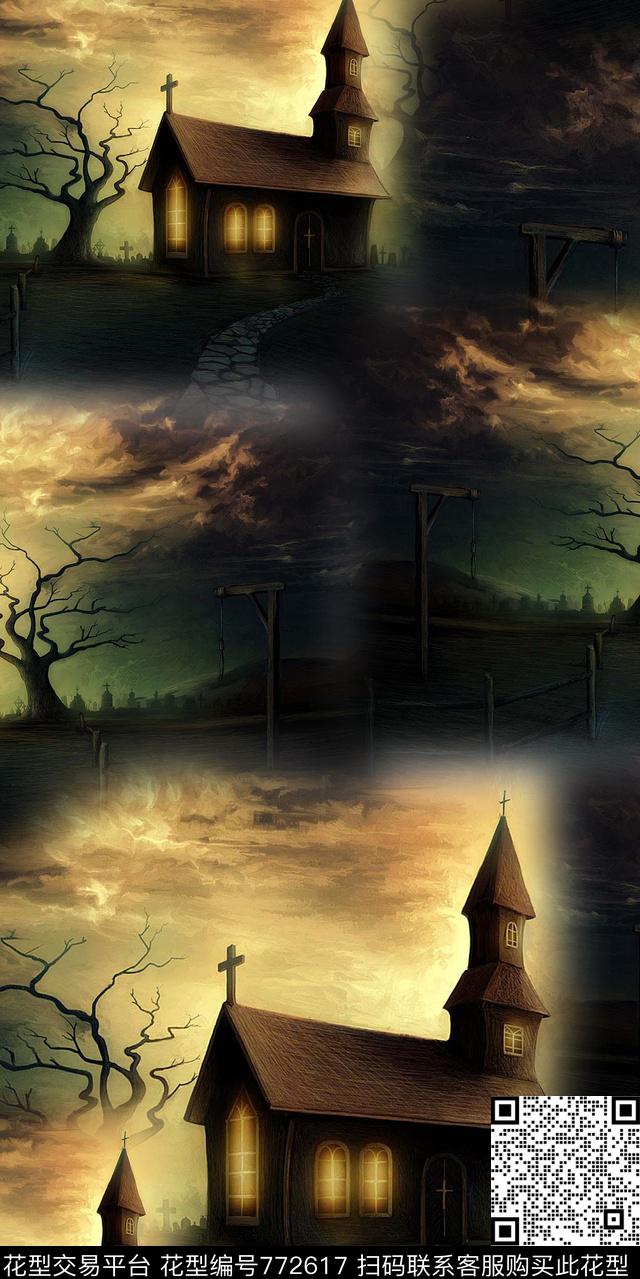 房屋树木晚霞数码印花华亿平台下载（图片编号: 772617） - 瓦栏（Walan）