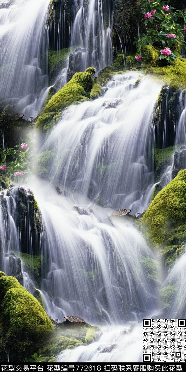 瀑布山林小溪数码印花华亿平台下载（图片编号: 772618） - 瓦栏（Walan）