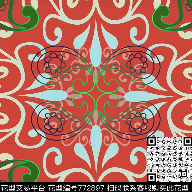 风格化花卉民族风图案丝巾围巾秀场数码印花华亿平台下载（图片编号: 772897） - 瓦栏（Walan）