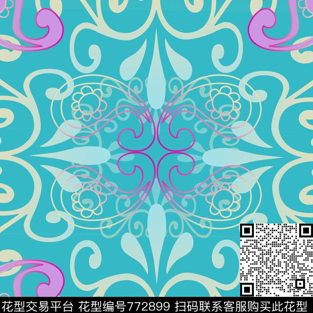 风格化花卉民族风图案丝巾围巾秀场数码印花华亿平台下载（图片编号: 772899） - 瓦栏（Walan）