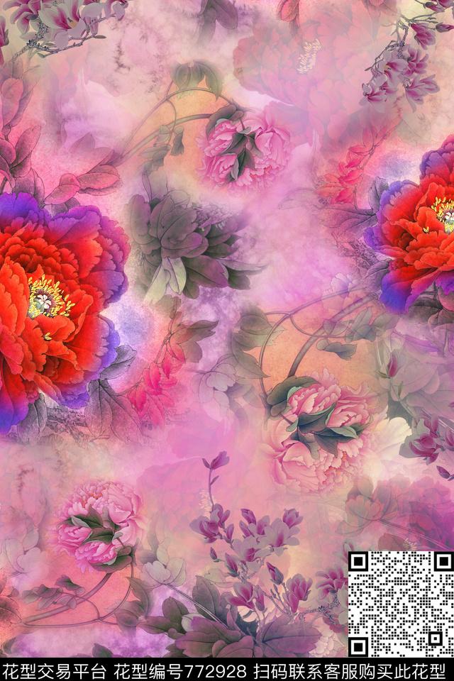 抽象民族风牡丹数码印花华亿平台下载（图片编号: 772928） - 瓦栏（Walan）