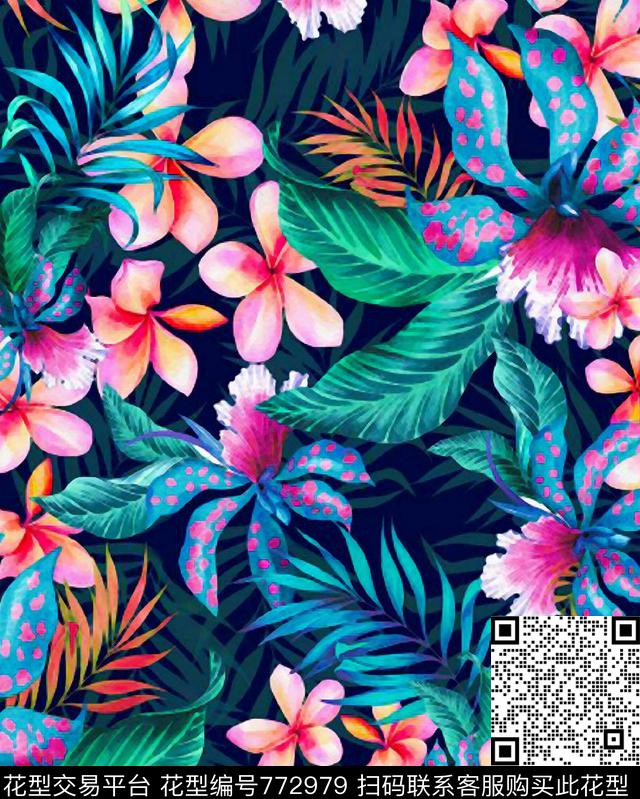 热带雨林热带花卉树叶数码印花华亿平台下载（图片编号: 772979） - 瓦栏（Walan）