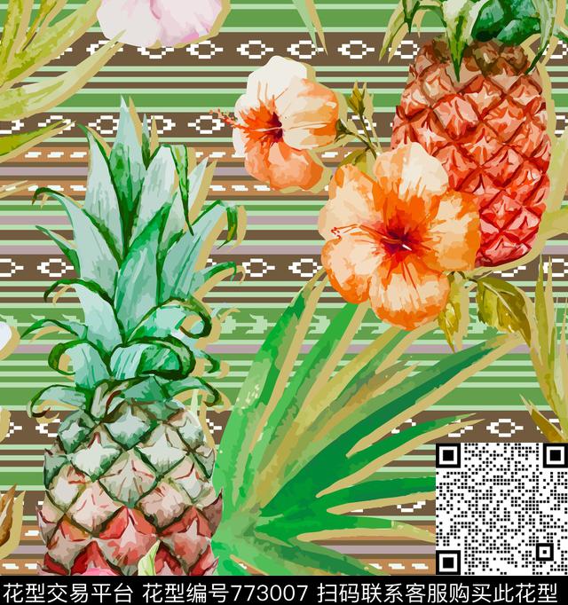 菠萝花草、棕榈叶传统印花华亿平台下载（图片编号: 773007） - 瓦栏（Walan）