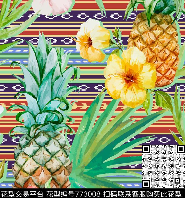 菠萝花草、棕榈叶传统印花华亿平台下载（图片编号: 773008） - 瓦栏（Walan）