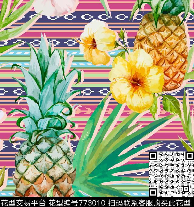 菠萝花草、棕榈叶传统印花华亿平台下载（图片编号: 773010） - 瓦栏（Walan）