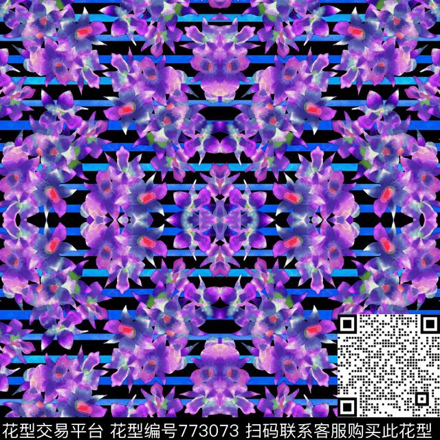 横条条纹大花数码印花华亿平台下载（图片编号: 773073） - 瓦栏（Walan）