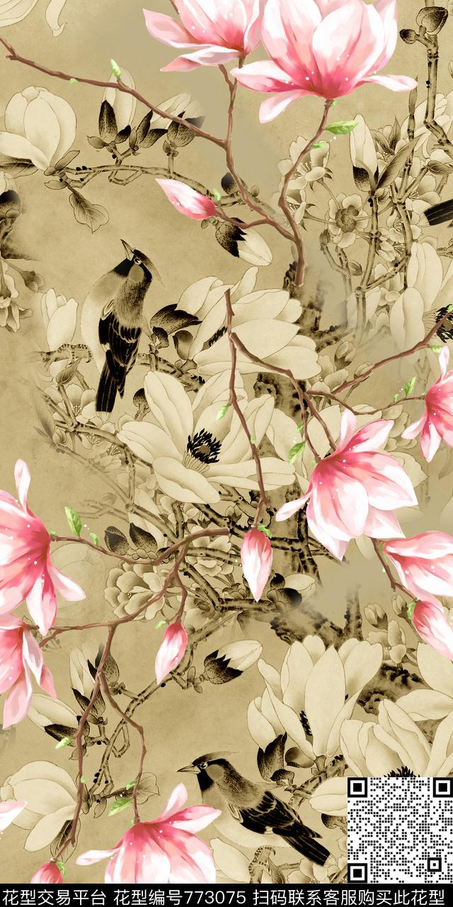 花鸟手绘花卉木棉花数码印花华亿平台下载（图片编号: 773075） - 瓦栏（Walan）