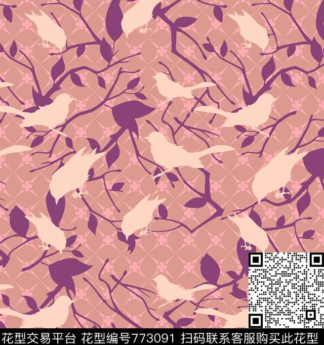 鸟、蝴蝶、葡萄传统印花华亿平台下载（图片编号: 773091） - 瓦栏（Walan）