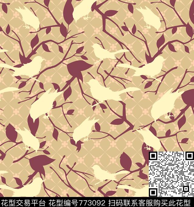 鸟、蝴蝶、葡萄传统印花华亿平台下载（图片编号: 773092） - 瓦栏（Walan）