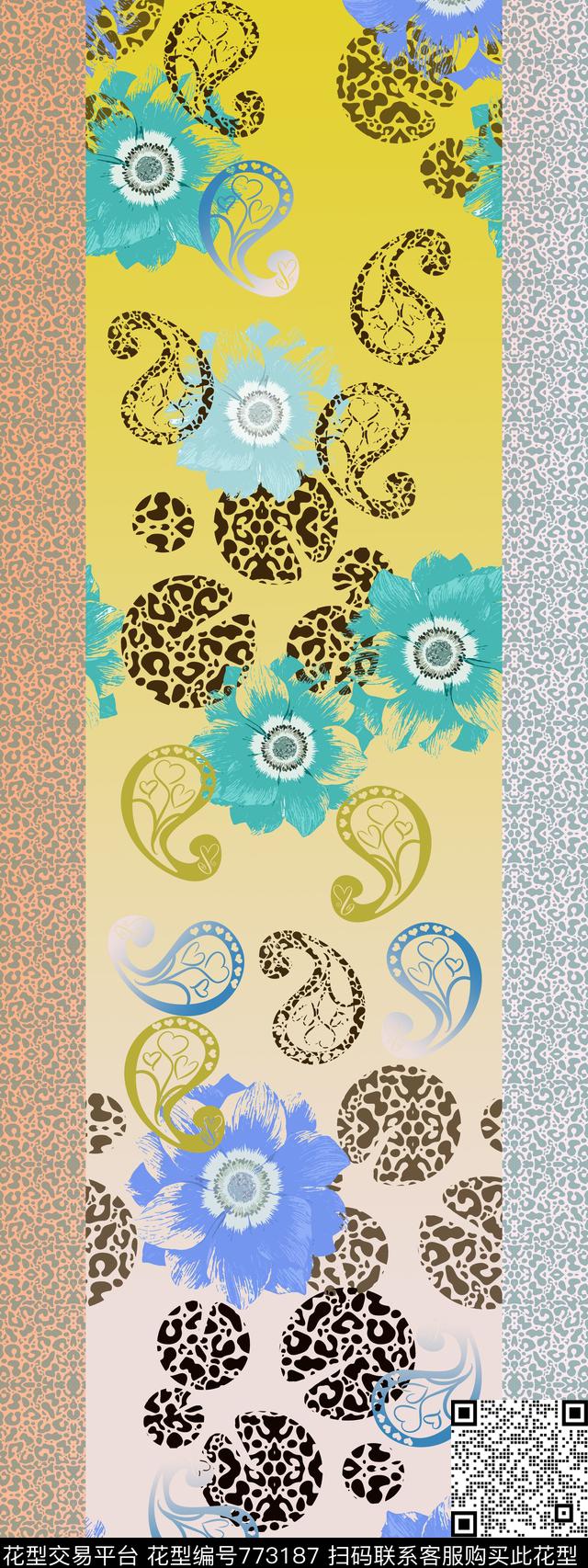 风格化花卉民族风图案丝巾围巾秀场数码印花华亿平台下载（图片编号: 773187） - 瓦栏（Walan）