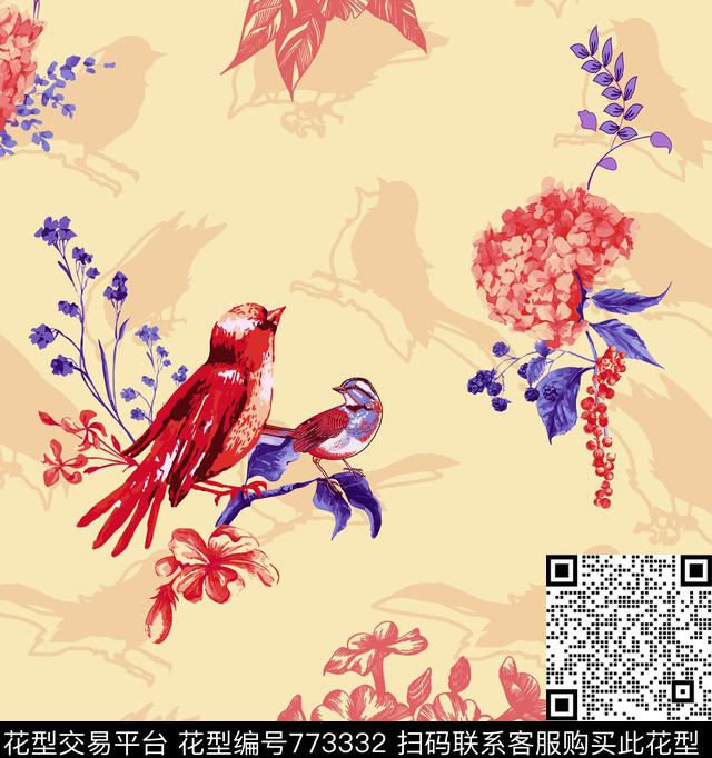 花鸟、装饰、绣球花传统印花华亿平台下载（图片编号: 773332） - 瓦栏（Walan）