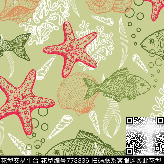海洋生物鱼海星传统印花华亿平台下载（图片编号: 773336） - 瓦栏（Walan）