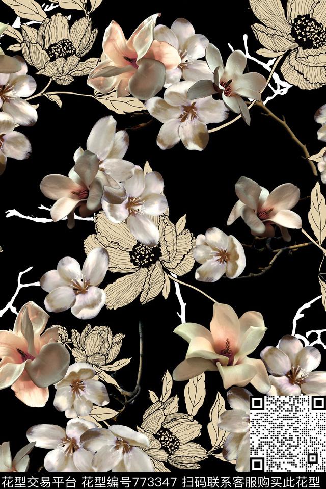 花卉迪拜花卉黑底花卉数码印花华亿平台下载（图片编号: 773347） - 瓦栏（Walan）