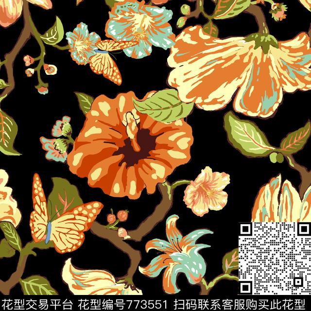 花卉手绘抽像传统印花华亿平台下载（图片编号: 773551） - 瓦栏（Walan）