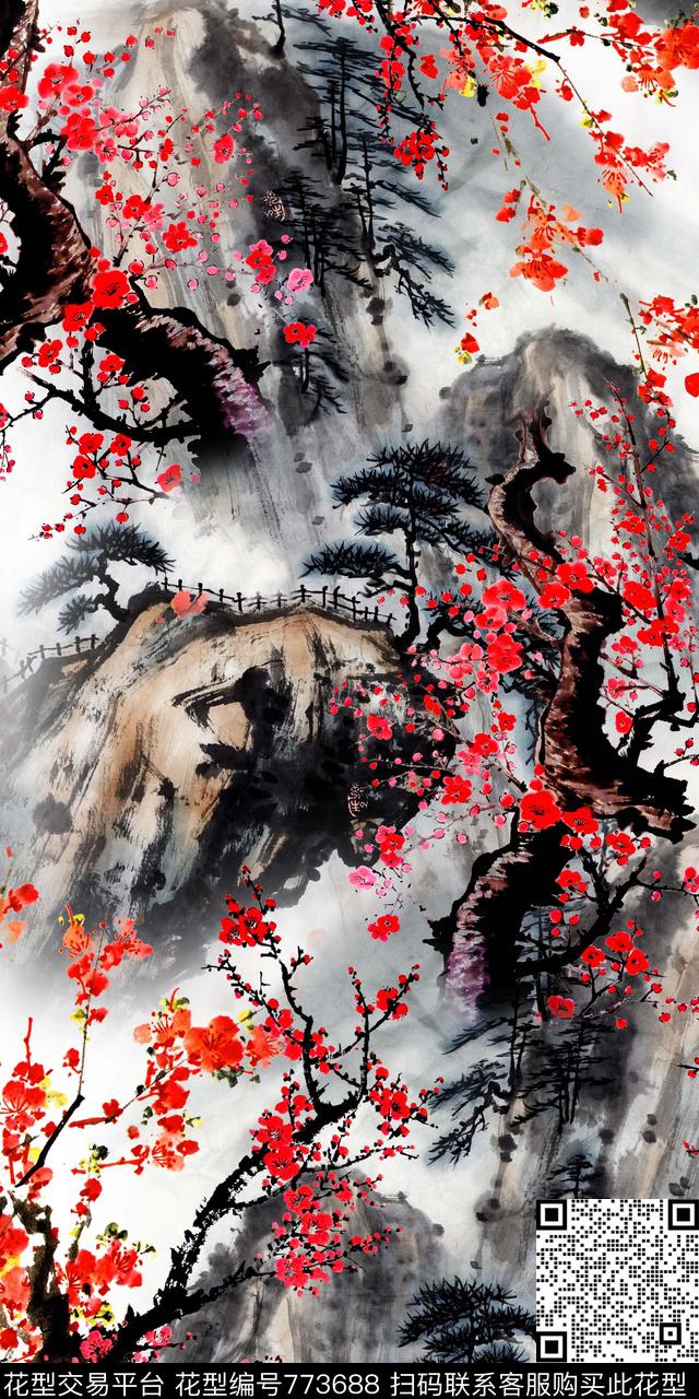 水墨数码印花梅花数码印花华亿平台下载（图片编号: 773688） - 瓦栏（Walan）