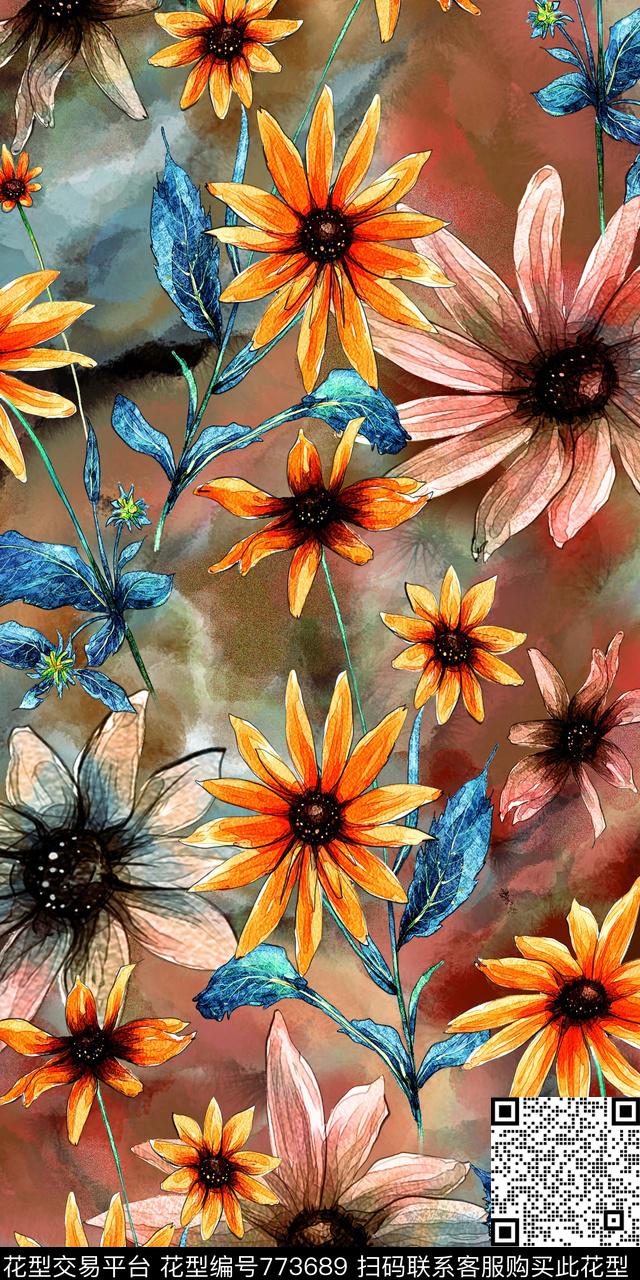 花卉数码印花水彩数码印花华亿平台下载（图片编号: 773689） - 瓦栏（Walan）