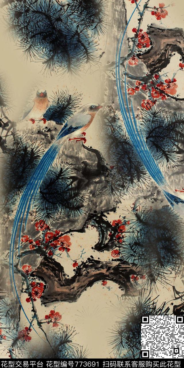 数码印花水墨手绘花鸟数码印花华亿平台下载（图片编号: 773691） - 瓦栏（Walan）