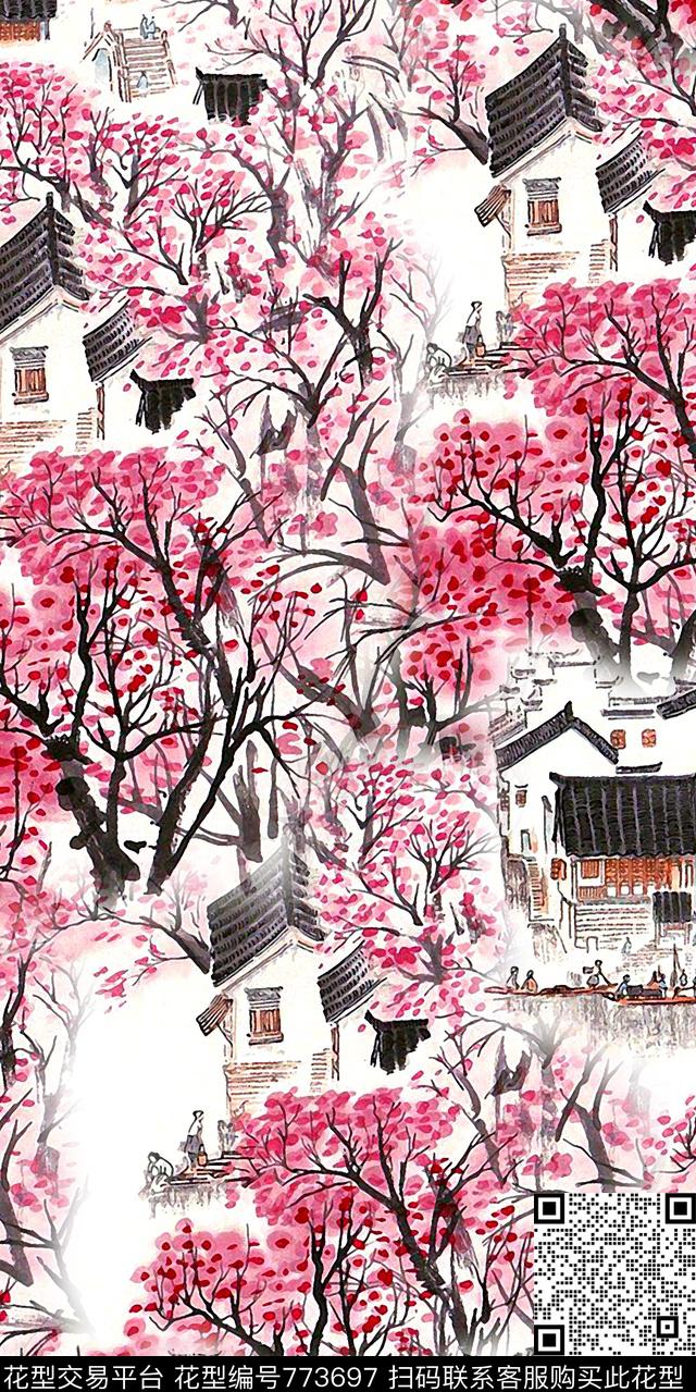 手绘风景桃花小屋唯美意境数码印花华亿平台下载（图片编号: 773697） - 瓦栏（Walan）