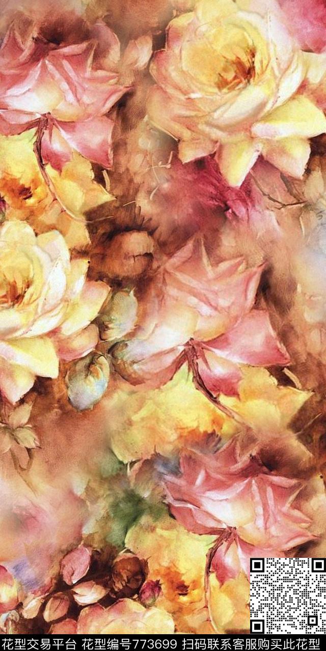 手绘花卉梦幻花卉玫瑰花数码印花华亿平台下载（图片编号: 773699） - 瓦栏（Walan）