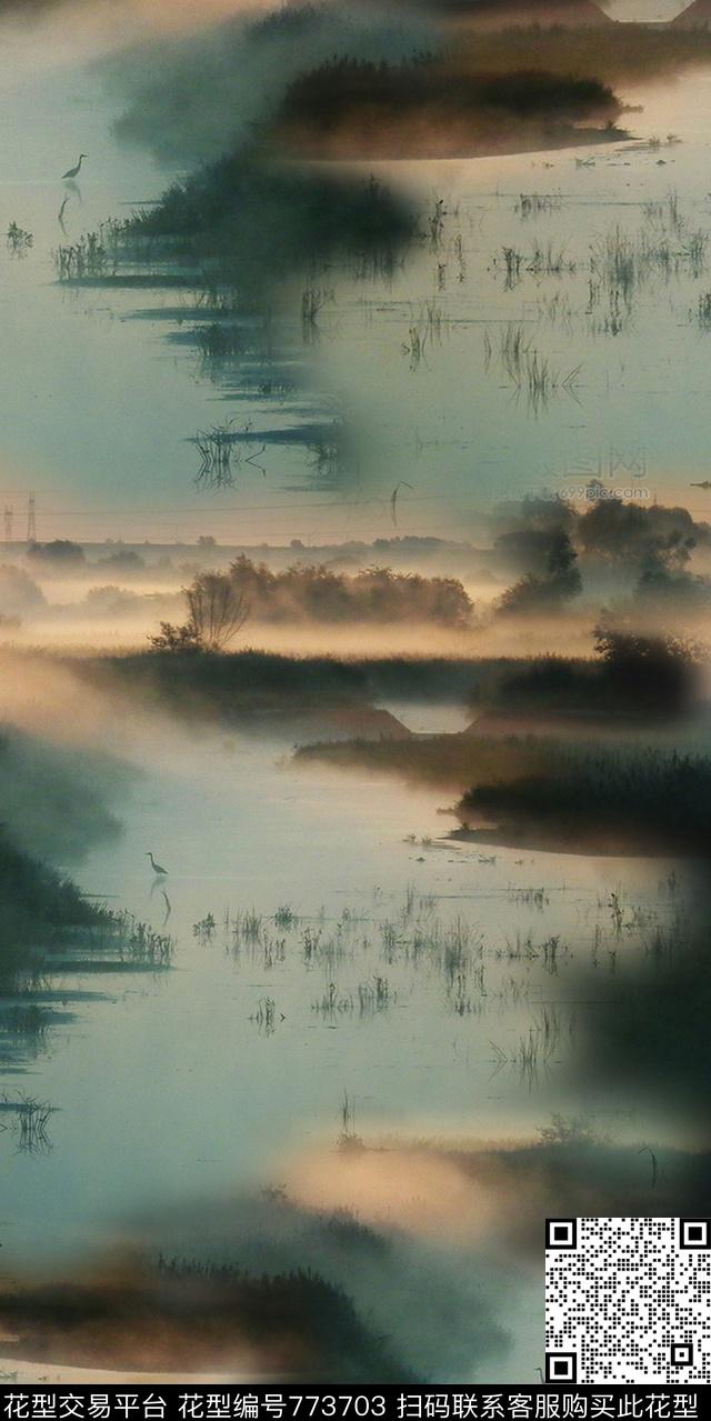 手绘风景水墨数码印花华亿平台下载（图片编号: 773703） - 瓦栏（Walan）