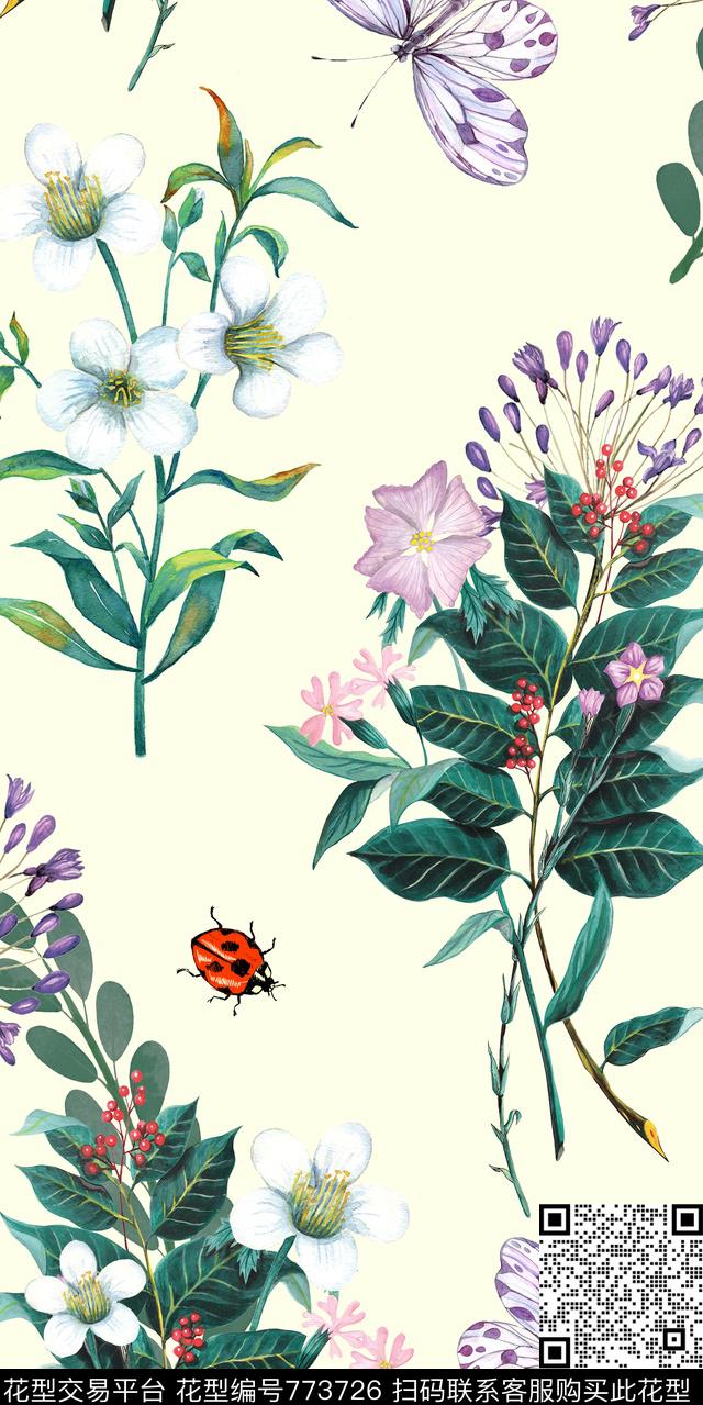 手绘花卉昆虫植物数码印花华亿平台下载（图片编号: 773726） - 瓦栏（Walan）