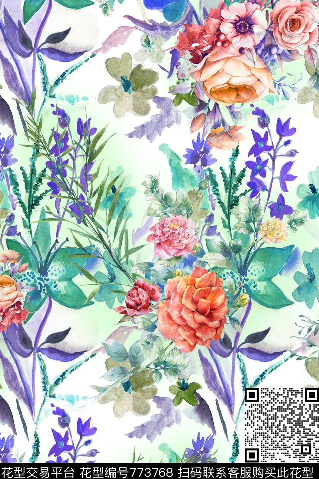 绿色花草绿叶数码印花华亿平台下载（图片编号: 773768） - 瓦栏（Walan）