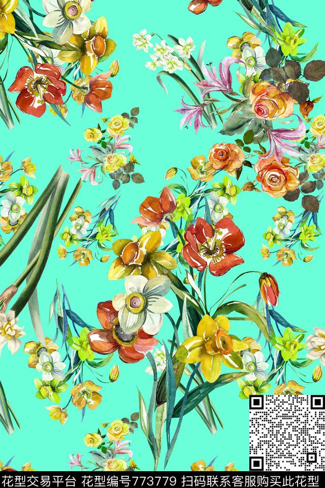 手绘大花花卉数码印花华亿平台下载（图片编号: 773779） - 瓦栏（Walan）