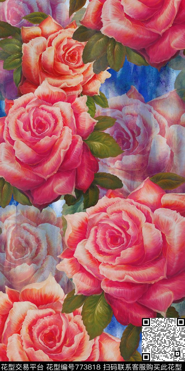 玫瑰花朵大花数码印花华亿平台下载（图片编号: 773818） - 瓦栏（Walan）