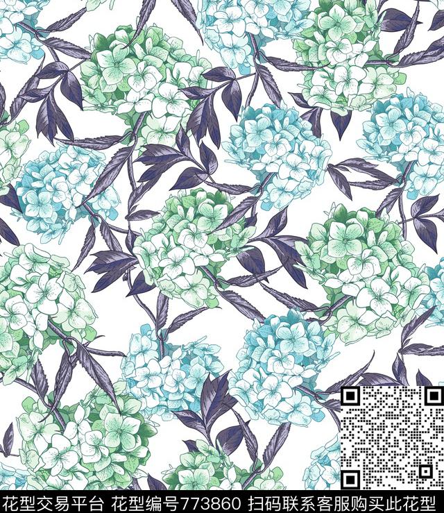 花卉小碎花八仙花数码印花华亿平台下载（图片编号: 773860） - 瓦栏（Walan）
