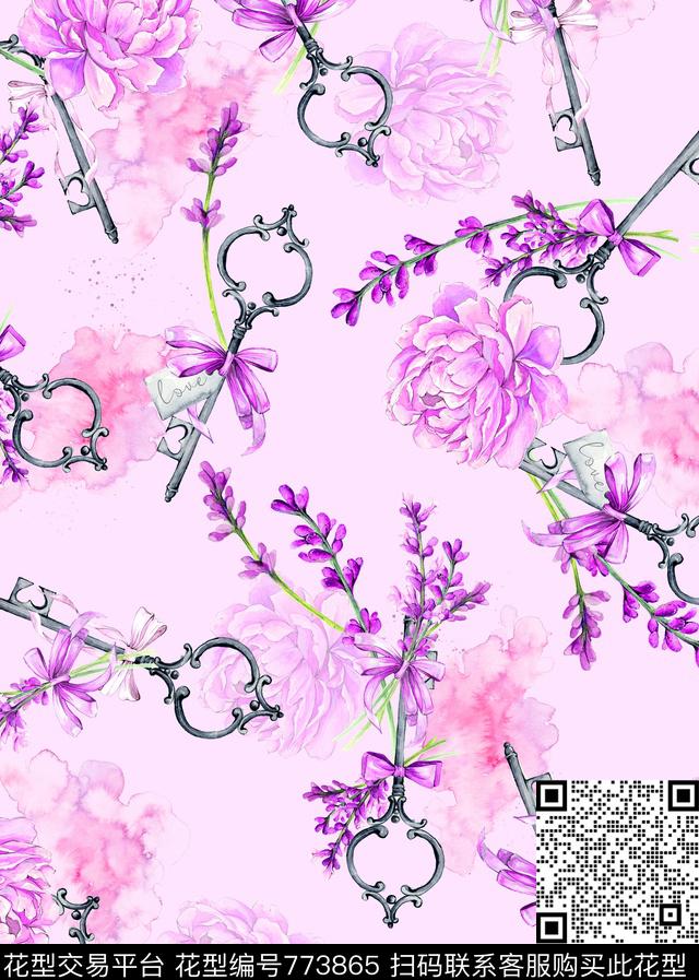 小碎花玫瑰钥匙数码印花华亿平台下载（图片编号: 773865） - 瓦栏（Walan）