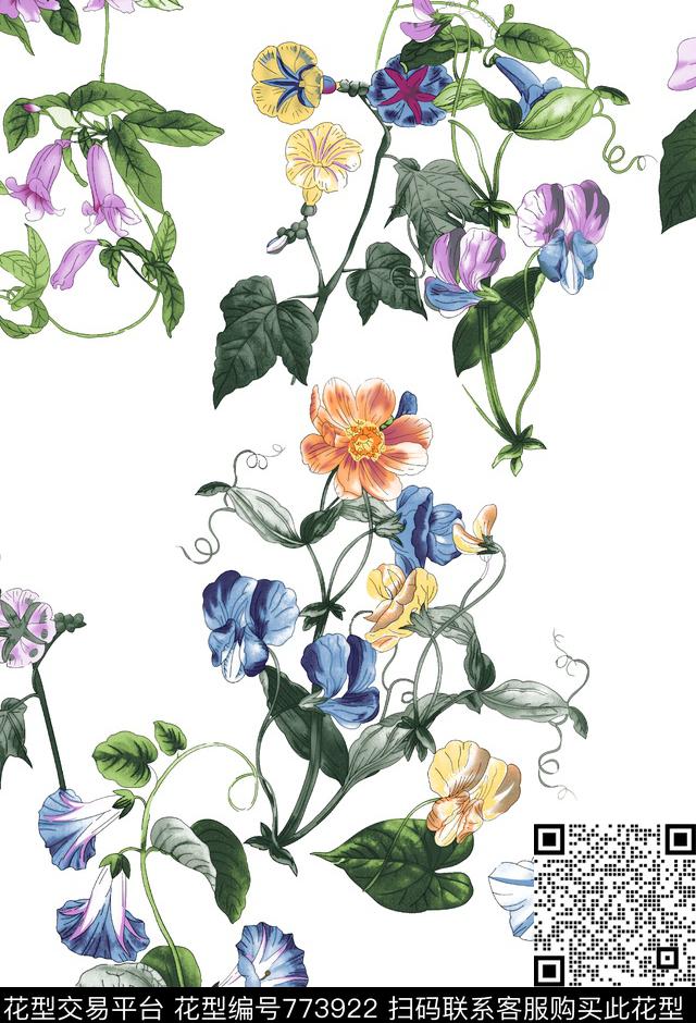乱花牵牛花白底数码印花华亿平台下载（图片编号: 773922） - 瓦栏（Walan）