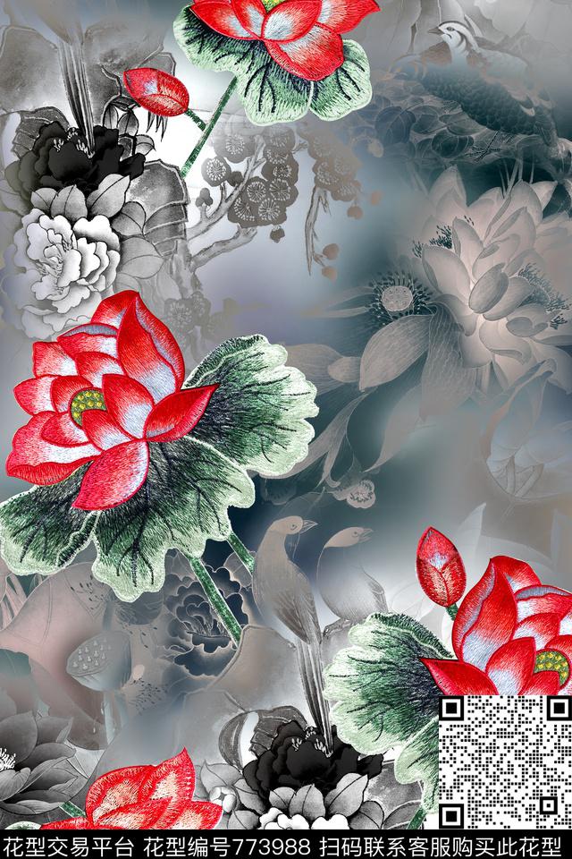 中国风水墨荷花数码印花华亿平台下载（图片编号: 773988） - 瓦栏（Walan）