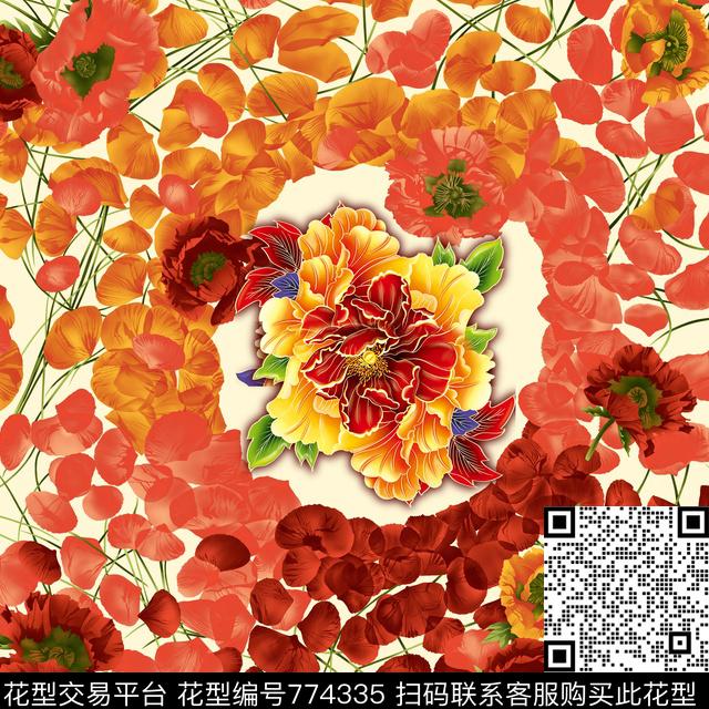 牡丹花卉云纹数码印花华亿平台下载（图片编号: 774335） - 瓦栏（Walan）