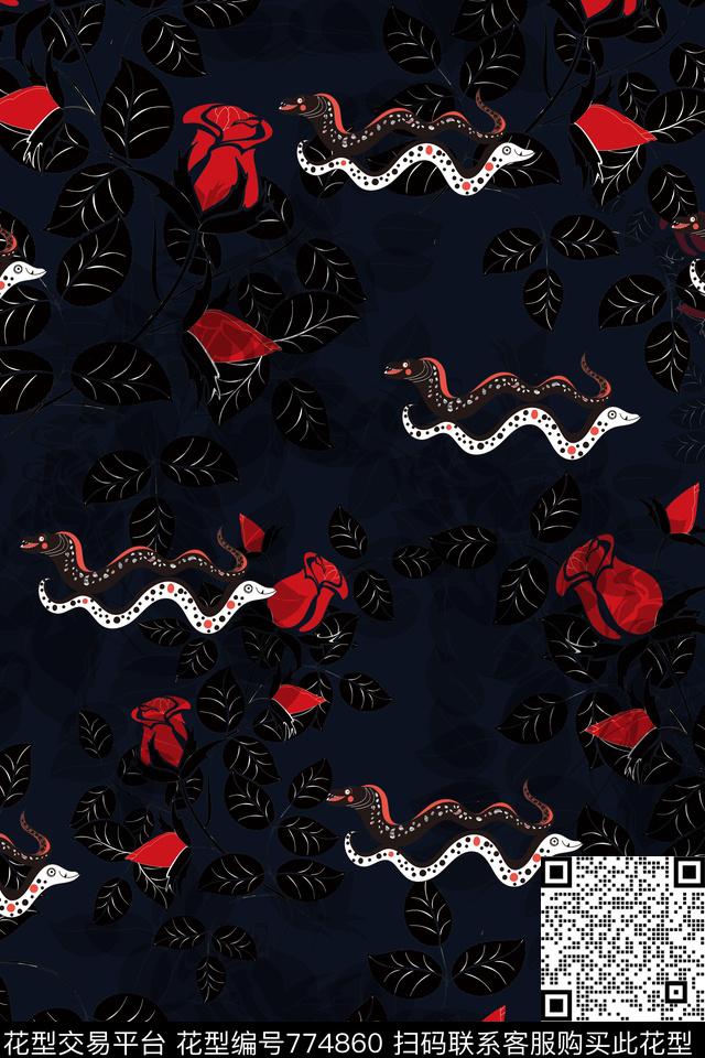 叶子玫瑰花卉数码印花华亿平台下载（图片编号: 774860） - 瓦栏（Walan）