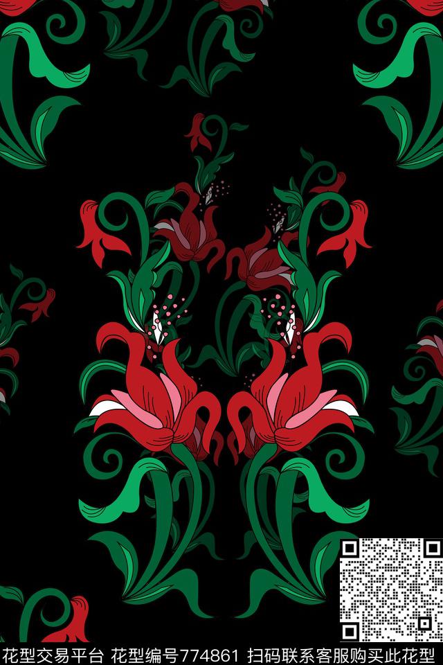 花瓣玫瑰兰花传统印花华亿平台下载（图片编号: 774861） - 瓦栏（Walan）