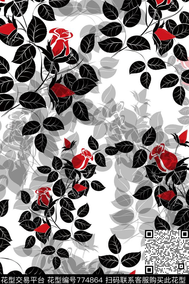 乱花玫瑰花卉传统印花华亿平台下载（图片编号: 774864） - 瓦栏（Walan）