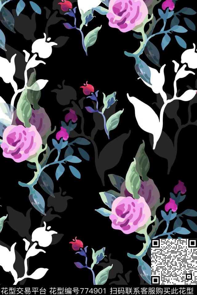 乱花玫瑰花朵数码印花华亿平台下载（图片编号: 774901） - 瓦栏（Walan）