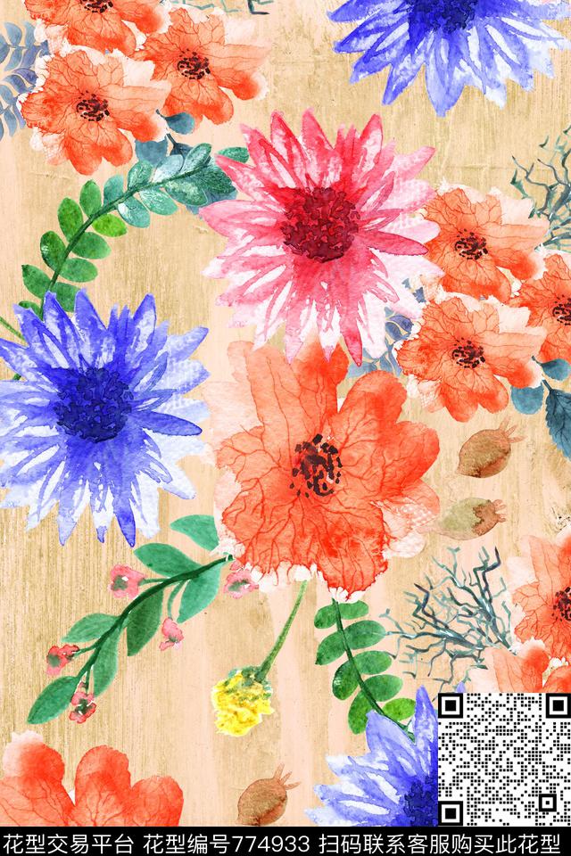 时尚手绘水彩数码印花华亿平台下载（图片编号: 774933） - 瓦栏（Walan）