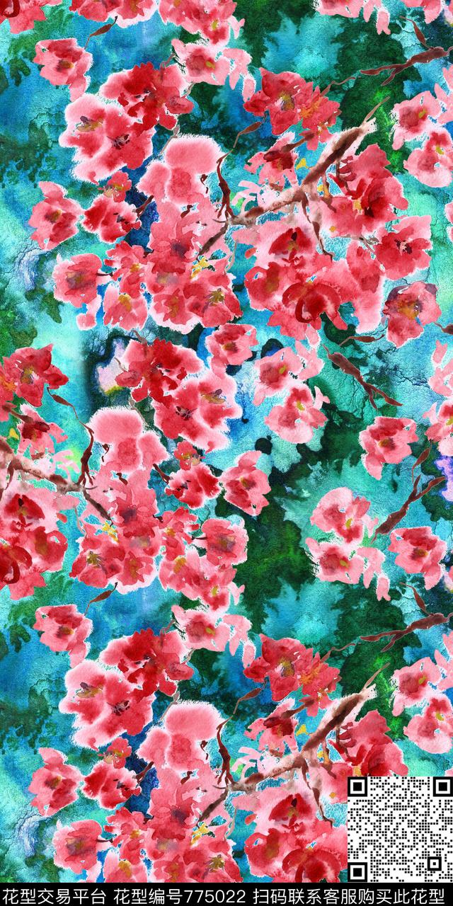 手绘花卉抽象数码印花华亿平台下载（图片编号: 775022） - 瓦栏（Walan）