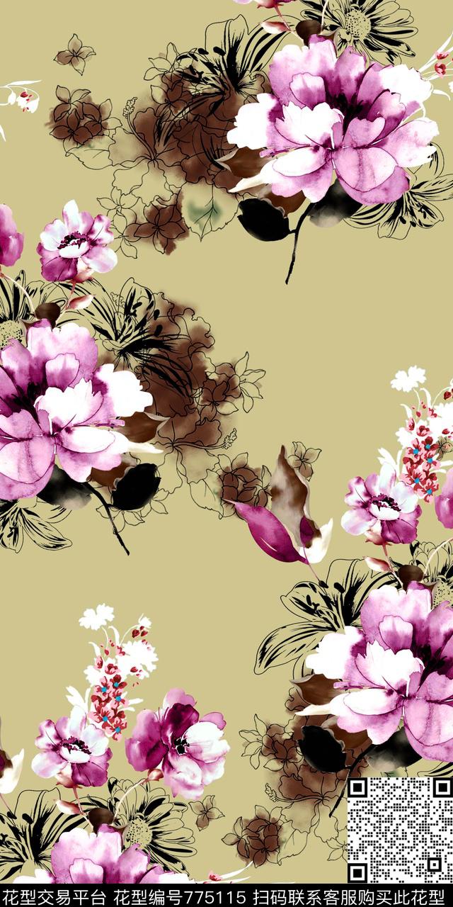 花卉水彩手绘数码印花华亿平台下载（图片编号: 775115） - 瓦栏（Walan）
