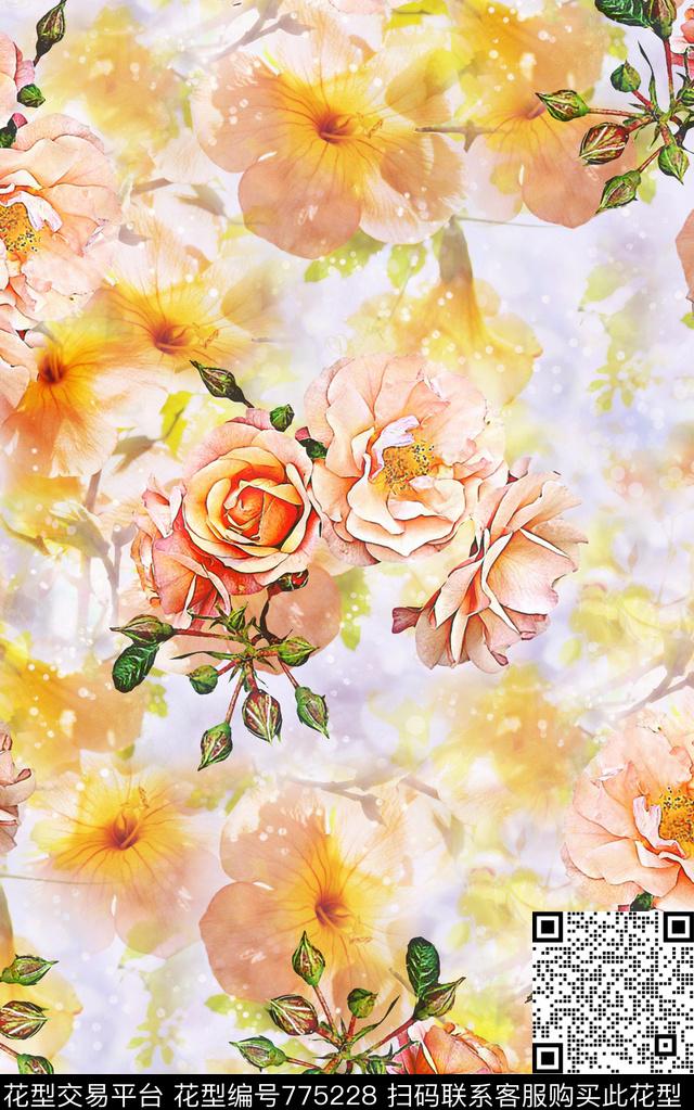 抽象手绘水彩画植物花卉数码印花时尚潮流女装裙子纹理印花春夏清爽柔和系列印花数码印花华亿平台下载（图片编号: 775228） - 瓦栏（Walan）